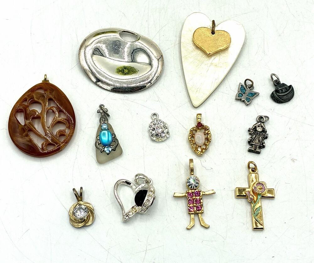 Vintage Pendant Charm Lot Hearts Cross Rhinestone Butterfly Girl 13 Pc